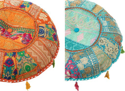 J-Line poef Rond Plat Patronen + Kwasten - katoen - oranje/blauw - 2 stuks