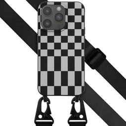 Selencia Hoesje Geschikt voor iPhone 14 Pro Hoesje Met Koord - Selencia Siliconen design hoesje met afneembaar koord - Zwart / Irregular Check Black