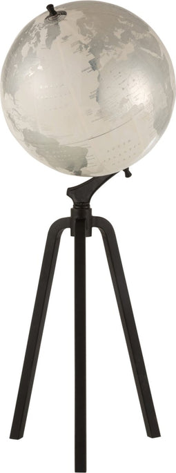 J-Line wereldbol op voet - marmer/metaal - wit/zilver/zwart - extra large