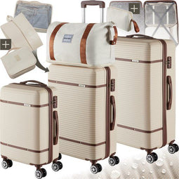 tectake® Kofferset - 13-delige Bagageset - 3 Stapelbare Koffers - TSA Cijferslot - Creme