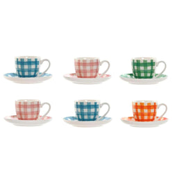 Set van 6 kopjes met schotel Home ESPRIT Blauw Wit Groen Oranje Roze Porselein 90 ml