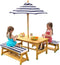 KidKraft Houten Kinder Buitentafel - Set met 2 Bankjes - Inclusief Inklapbare Parasol - Marineblauw/Hout (1 set)