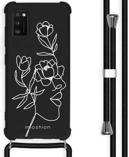 iMoshion Hoesje Geschikt voor Samsung Galaxy A41 Hoesje Met Koord - iMoshion Design Hoesje met Koord - Wit / Zwart / Woman Flower Black