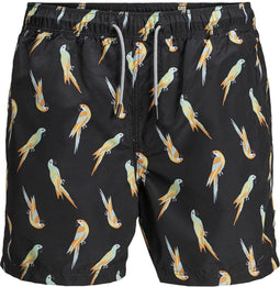 JACK&JONES JJIARUBA JJSWIMSHORTS - Heren Zwembroek - Regular fit met elastische tailleband - Zwart - Oranje - Lichtblauw (papegaai print)