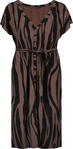 Expresso Gaia - Zomerjurk - Midi-lengte met V-hals en strikceintuur - Zebraprint zwart en bruin - M