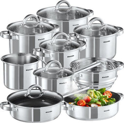 tectake® Pannenset Turin 15-delig - Kookpannen met Anti-aanbaklaag - RVS - Vaatwasserbestendig (15 stuks)