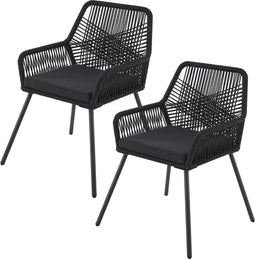 Juskys Kastos - Tuinstoel - Touwgaas met zitkussen - Zwart (2 stuks)