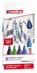 edding 4500 textielstiften - zwart, blauw, lichtblauw, lichtgroen and oriëntblauw - 5 stuks - ronde punt 2-3 mm - textielstiften wasmachinebestendig (60°C) om op textiel te tekenen - textielmarker voor volwassenen en kinderen