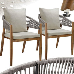 tectake® Set van 2 Tuinstoelen Manacor - Tuinstoel Rope-Design - Weerbestendig Acaciahout Grijs/Beige (2 stuks)