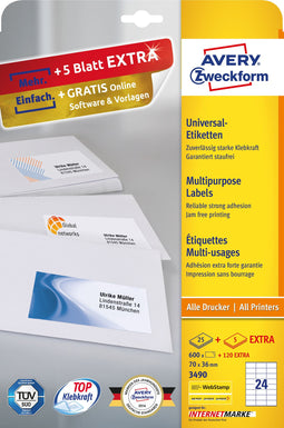 Avery Zweckform - Universele Etiketten - 70,0 x 36,0 mm permanent klevend - wit