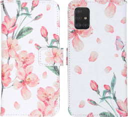 iMoshion Hoesje Geschikt voor Samsung Galaxy A51 Hoesje Met Pasjeshouder - iMoshion Design Softcase Bookcase - Wit / Roze / Blossom Watercolor