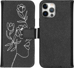 iMoshion Hoesje Geschikt voor iPhone 12 Pro / 12 Hoesje Met Pasjeshouder - iMoshion Design Softcase Bookcase - Wit / Zwart / Woman Flower Black