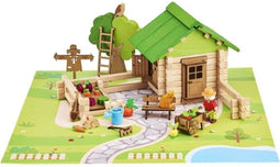 Huis en tuin 135 stukjes - JEUJURA - Natuurlijk houten constructiespel, inclusief mat en accessoires, 32x27x11 cm