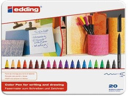 edding 1200 viltstiften - set van 20 kleurstiften in luxe metalen box - ronde punt 1 mm - inkt op waterbasis - voor schrijven, schetsen en lay-outs op lichtgekleurd papier