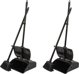 2x Luxe stoffer en blik zwart met steel en automatische opvangblik 108 x 34 x 18 cm - stofblikset - schoonmaakartikelen