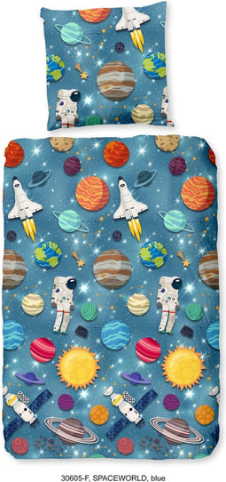 Good Morning Kinderdekbedovertrek "planeten / ruimte" - Blauw - (140x200/220 cm) - Katoen Flanel