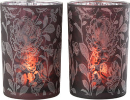 J-Line windlicht Bloemen - glas - paars/zilver - large - 2 stuks