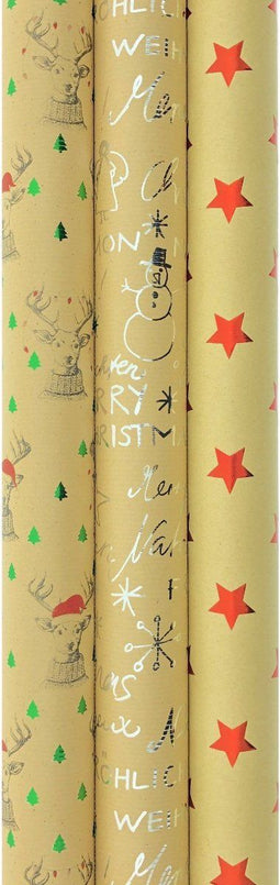 Benza kerst cadeaupapier - Kraft inpakpapier met herten en kerstteksten - 3 rollen 3 meter x 70 cm