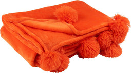 J-Line Plaid Pompom - fleece deken - polyester - oranje - 170 x 130 cm - woonaccessoires