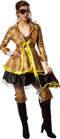 dressforfun - Vrouwenkostuum sierlijke vrijbuitster L - jas jurk hoed oogklep laarskappen zwart/geel