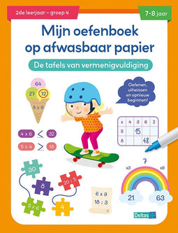 Mijn oefenboek op afwasbaar papier De tafels van vermenigvuldiging 7-8 jaar
