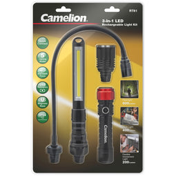 3-in-1 LED flashlight set, rechargeable with battery and USB charging cable