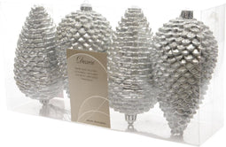 3 stuks Dennenappel plastic glitter hang 12x7cm zilver KSD