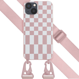 Selencia Hoesje Met Koord Geschikt voor iPhone 13 - Selencia Siliconen design hoesje met afneembaar koord - Roze / Irregular Check Sand Pink