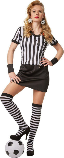 Dressforfun - Vrouwenkostuum Scheidsrechter - Sexy stretchjurk met zweetbandjes - Zwart