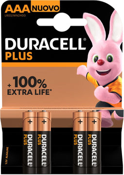 Duracell Plus 100 - Alkalinebatterijen AAA - Tot 100% extra levensduur (4 stuks)