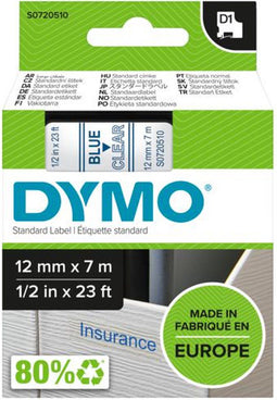 DYMO originele D1 labels | Blauwe Tekst op Doorzichtig Label | 12 mm x 7 m | zelfklevende etiketten voor de LabelManager labelprinter | gemaakt in Europa