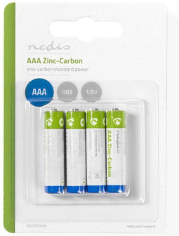 Nedis Zink-Koolstof-Batterij AAA - 1.5 V DC - Zink-Carbon - 4-Blister - R03 - Verschillende apparaten - Blauw / Groen