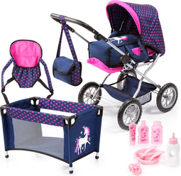 Bayer Design Grande - Combi Poppenwagen Mega Set - Duwstang verstelbaar 46-75 cm - Blauw met eenhoorn