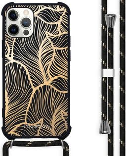 iMoshion Hoesje Geschikt voor iPhone 12 Pro Max Hoesje Met Koord - iMoshion Design Hoesje met Koord - Goud / Zwart / Golden Leaves