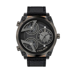Politiewatch Zwart Lederen Horloge Met 50MM Zwarte Dial