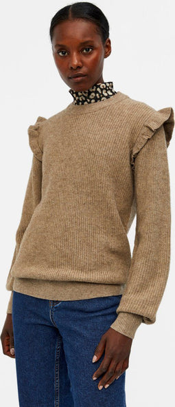 Object Malena L/s Ruffle Pullover - Trui - Bruin - Maat XS