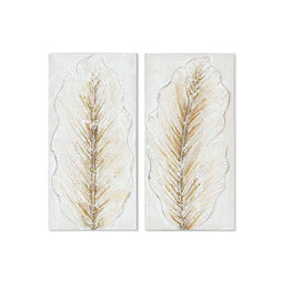 Schilderij Home ESPRIT Wit Gouden Canvas Hout MDF Blad van een plant Romantiek 30 x 2,5 x 60 cm (...