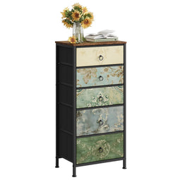Woltu SSK004pw - Ladekast - 5 Stoffen Lades - Vintage Bloemmotief - Rustiek Bruin - 45,5x95,5x30 cm
