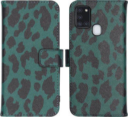 iMoshion Hoesje Geschikt voor Samsung Galaxy A21s Hoesje Met Pasjeshouder - iMoshion Design Softcase Bookcase - Zwart / Meerkleurig / Groen / Green Leopard