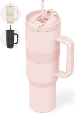 ONYX Drinkfles met Rietje 1.2 Liter - Waterfles voor Kinderen & Volwassenen - Thermosbeker RVS Travel Mug - Motiverende Drinkbus - Drinkbeker voor School - Roze