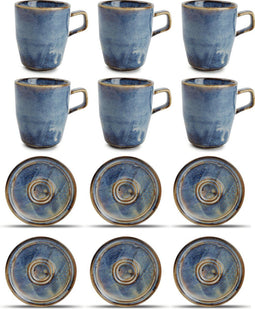 GLAMOMAX'S Choice - Blue Nova Kop en Schotel Set - 28cl - Porselein - 6 Persoons - 12-Delige Koffiebekerset - 6+6 Koffiebeker&Schotel - Blauw - Vaatwasserbestendig