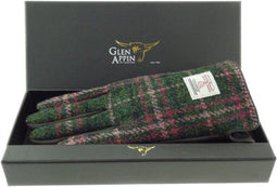 Dames Handschoenen Groen en Roze met Bruin Leer - Harris Tweed - Glen Appin of Scotland