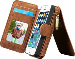 CaseMe - Billfold Hoesje voor iPhone SE & 5s & 5 - Lederen met 13 Kaartsleuven & Afneembare Magnetische PC - Bruin