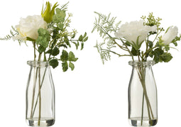 J-Line boeket Rozen/Eustoma in vaas + kunstwater - kunststof - groen/wit - small - 2 stuks