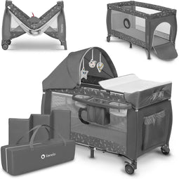 Lionelo Sven Plus 2in1 Reisbed - Campingbedje met Commode en Organizer - 127x60 cm - Tot 15 kg - Grey Concrete