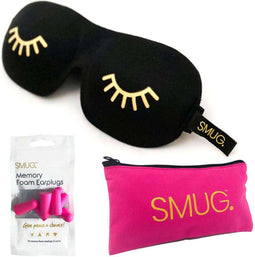 SMUG 3D Slaapmasker met Roze Oordopjes en Opbergzakje - 100% Verduisterend - Ergonomisch Oogmasker - Wink Print, Zwart