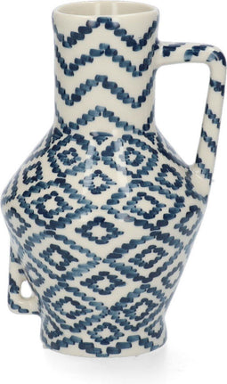 Return to Sender | Vaas 15 cm small Waves print blauw/witte handgeschilderd met handvat - bloemenvaas