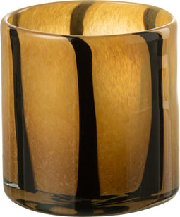 J-Line Windlicht Strepen Safari Glas Zwart/Bruin Small