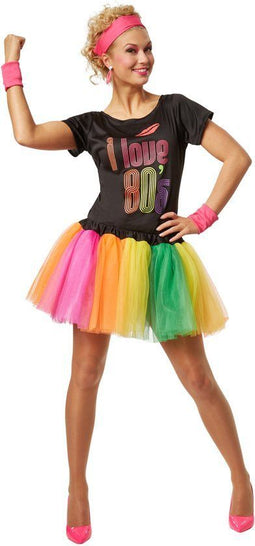 Dressforfun Vrouwenkostuum - Jaren 80 Popster - Minikleed met zweetbandjes - Multicolor (M)
