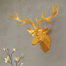 Geometrisch Hertenhoofd Standbeeld voor Muur - Gouden Afwerking, 51,5x37x11 cm